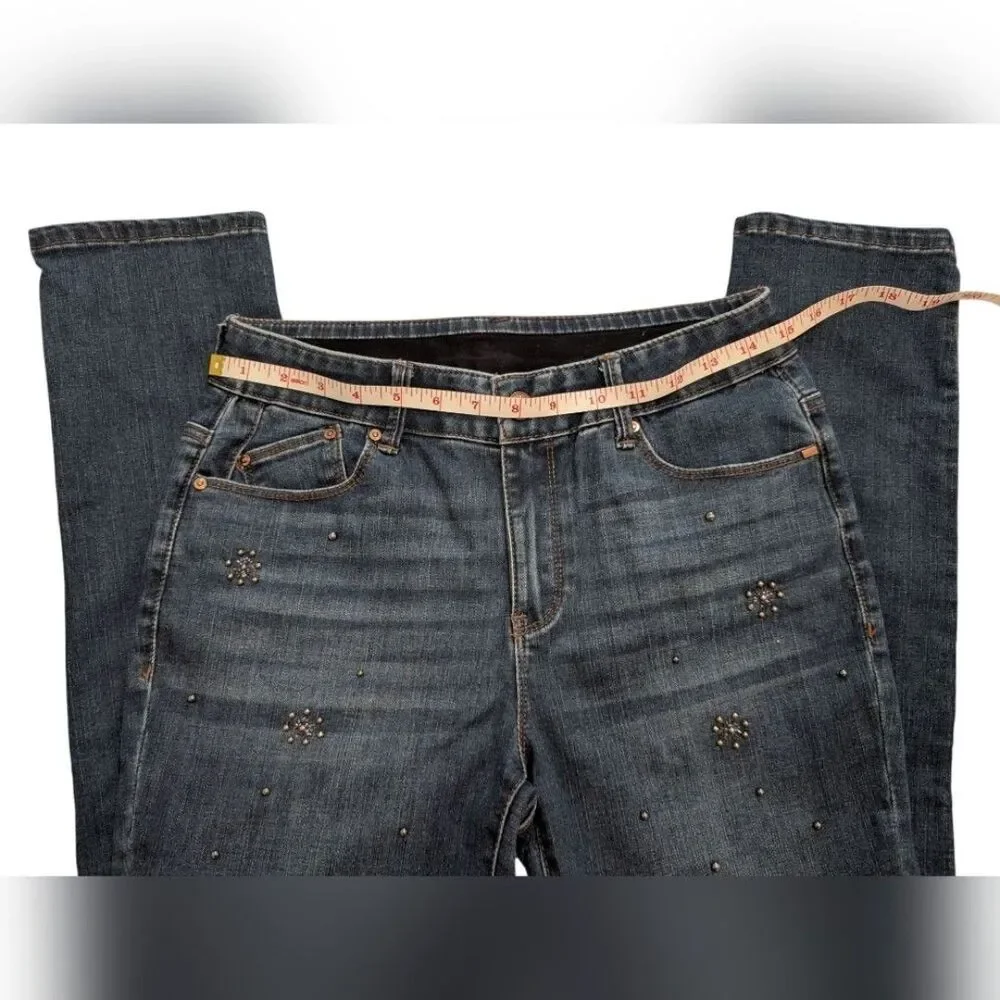 Chico's Dark Blue Denim Gray Beaded Y2K Midrise Ankle Jeans Women's Size 4R - Picture 9 of 12